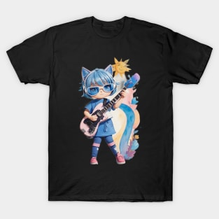 Anime Cat playing electric guitar T-Shirt